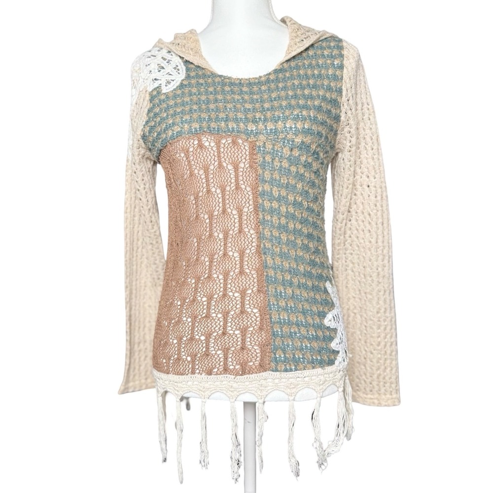 BKE Gimmicks Crochet Hoodie Boho Fringe Patchwork Knit Sweater Small